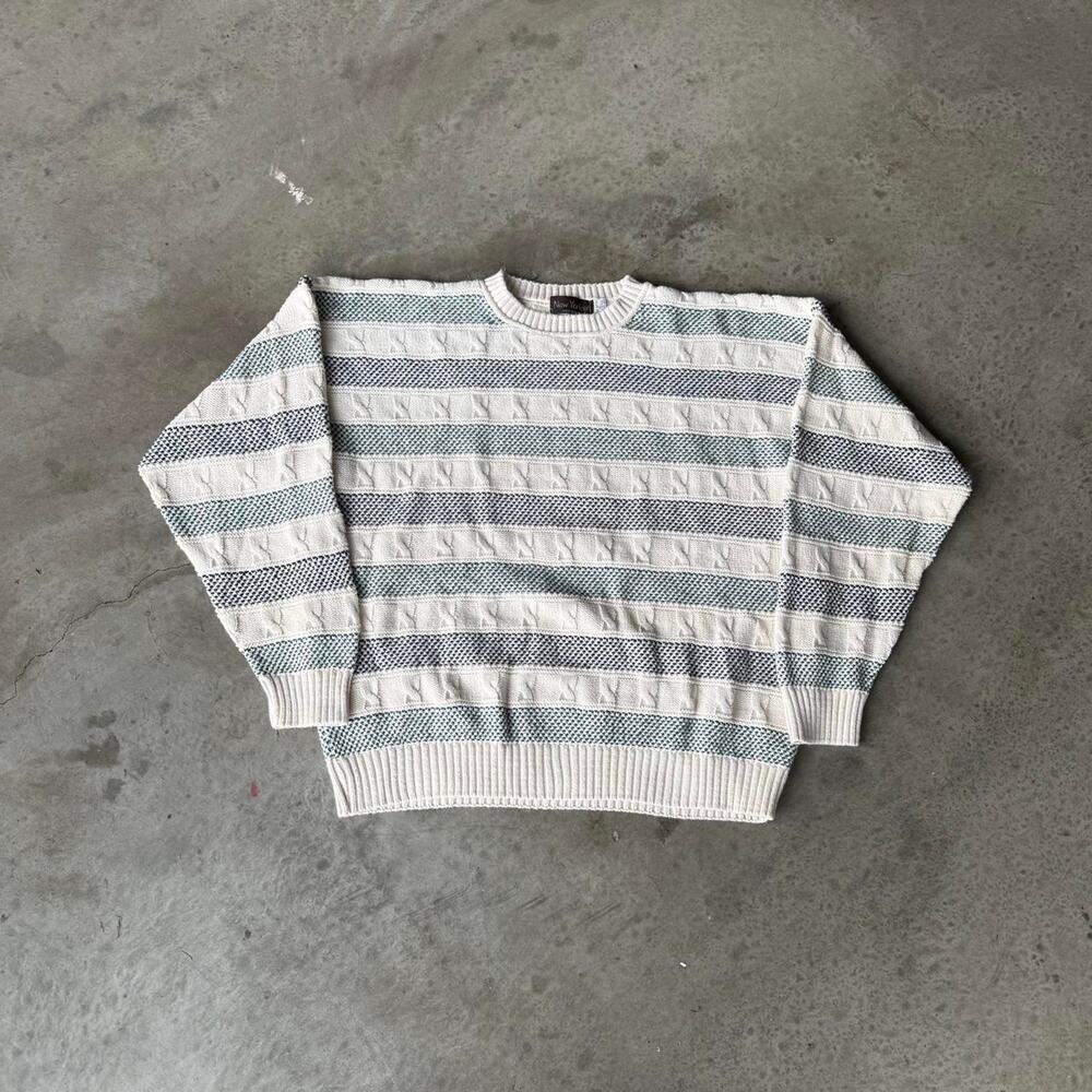 90s New Yorker White and Blue Striped Cotton Sweater